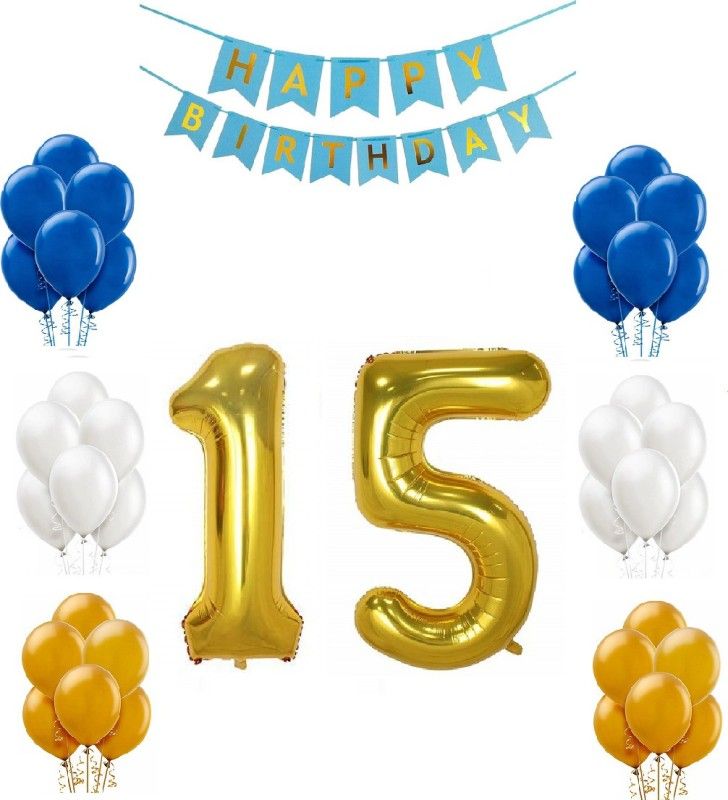 MoohH Combo For Birthday Party Decoration (Blue Happy Birthday Bunting Banner + 15 Number Gold Foil balloon + 50 pcs Blue,White & Gold Metallic balloon) (Pack of 53)  (Set of 53)