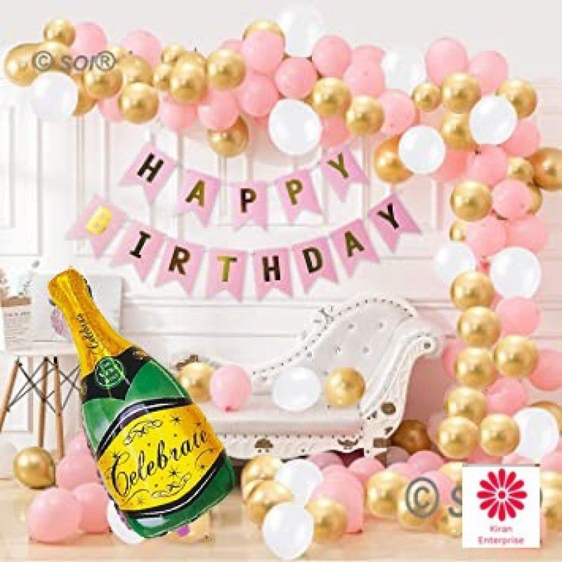KIRAN ENTERPRISES Happy Birthday Banner + Foil Bottle +30 Metallic Balloon  (Set of 32)