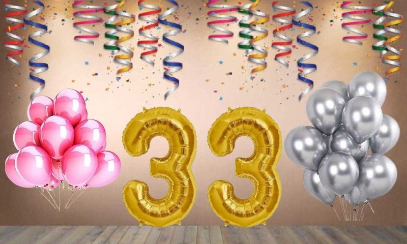 Balloonistics Gold Number 33 Foil Balloon and 25 Nos Pink Silver Metallic Shiny Latex Balloon  (Set of 1)