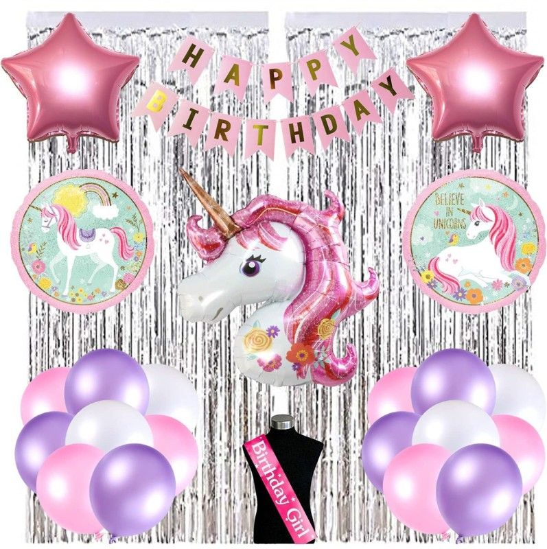 party assets Unicorn Theme Birthday Decorations Items Combo  (Set of 56)