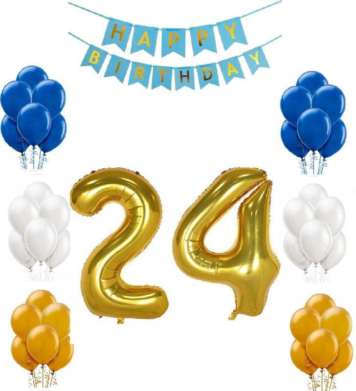 FANEX Combo For Birthday Party Decoration (Blue Happy Birthday Bunting Banner + 24 Number Gold Foil balloon + 50 pcs Blue,White & Gold Metallic balloon) (Pack of 53)  (Set of 53)