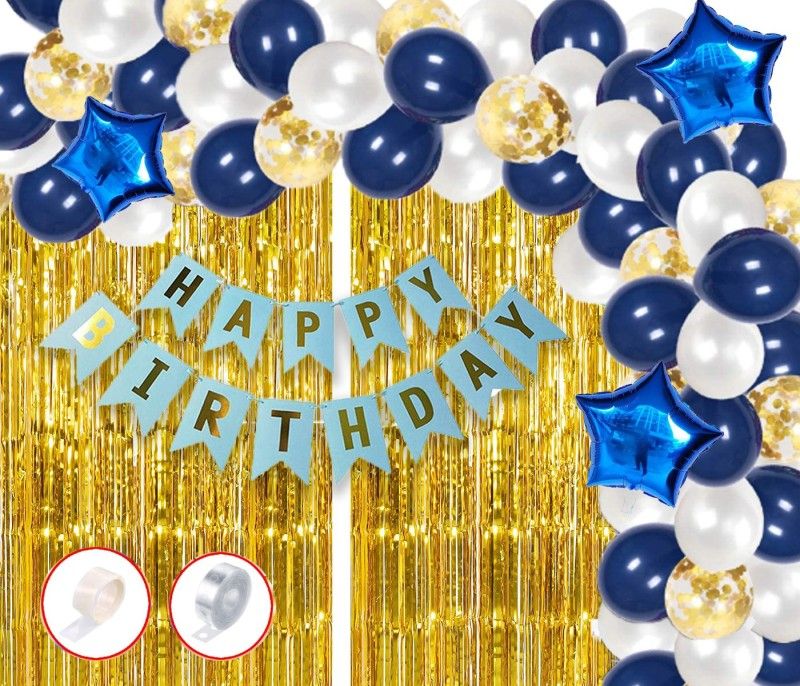 Hemito Happy Birthday Decoration Kit -60 Pc Blue Gold Banner Birthday Decorations Items for Bday Lights Combo Pack Set, Husband,Wife, First, 2nd,30th,40th,50th Theme  (Set of 60)