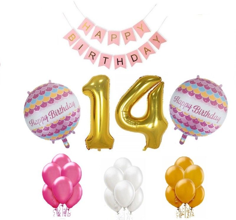 Tiank Innovation Combo for Birthday Party Decoration (Pink Happy Birthday Bunting Banner + 14 Number Gold Foil Balloon + 2 Round Foil Balloon + 50 Pcs Gold , Pink & White Metallic Balloon) (14 Number Combo)  (Set of 55)