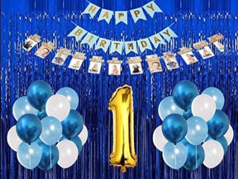 Bloomsevent 1st Birthday Boy DecorationSet with Blue Bunting Banner and Balloons  (Set of 60)