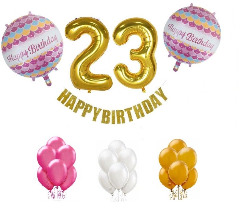 Tiank Innovation Combo for Birthday Party Decoration (Pink , White & Gold Happy Birthday Bunting Banner + 23 Number Gold Foil Balloon + 2 Round Foil Balloon + 50 Pcs Gold , Pink & White Metallic Balloon) (22 Number Combo)  (Set of 55)