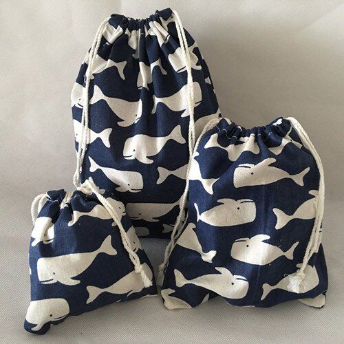 YILE Cotton Linen Travelling Clothing Sorted Pouch String Closure Multi-purpose Bag  Gift Bag White Whale Navy Blue N522