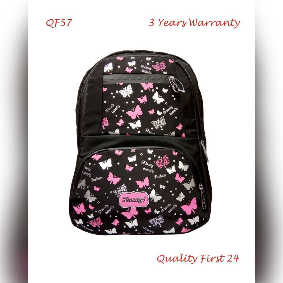 RB57, 100% export standard, black color, school / coaching backpack for class 3-7 kids (11"x7"x17"). Uses all Chinese material, 3 years warranty, waterproof, quality guaranty inshallah