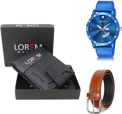 LOREM Belt, Wallet & Watch Combo  (Black, Tan, Blue)