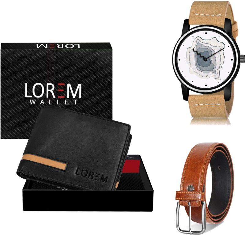 LOREM Belt, Wallet & Watch Combo  (Black, Tan, Beige)