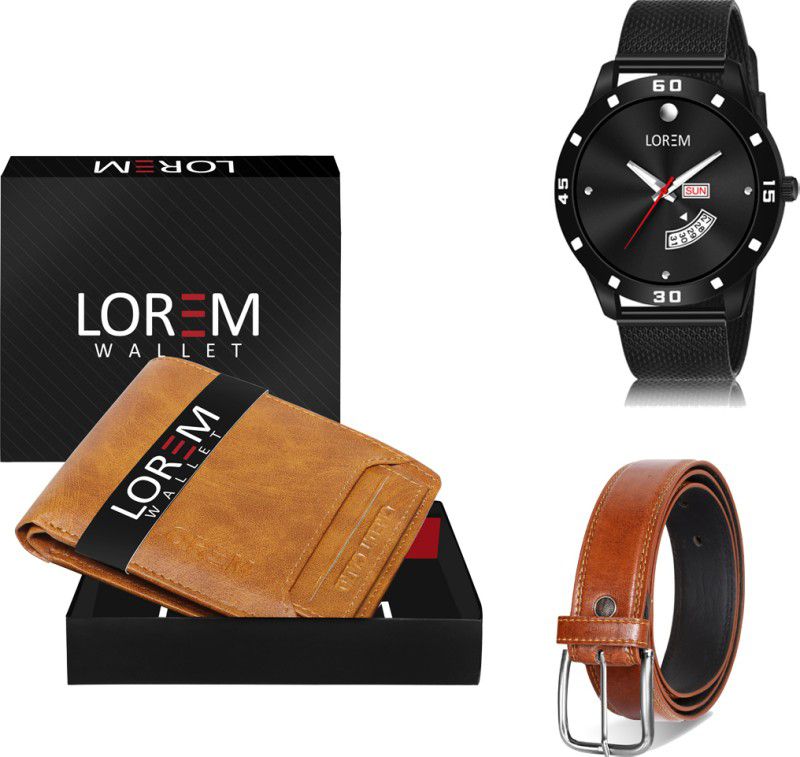 LOREM Belt, Wallet & Watch Combo  (Beige, Tan, Black)