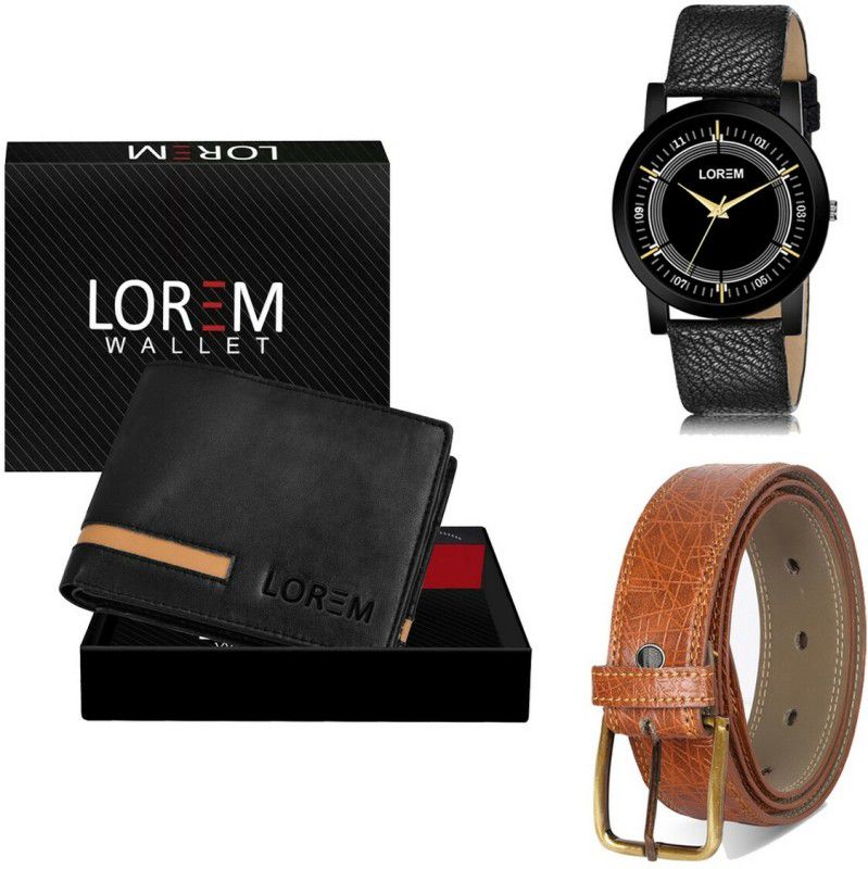 LOREM Belt, Wallet & Watch Combo  (Black, Tan, Black)