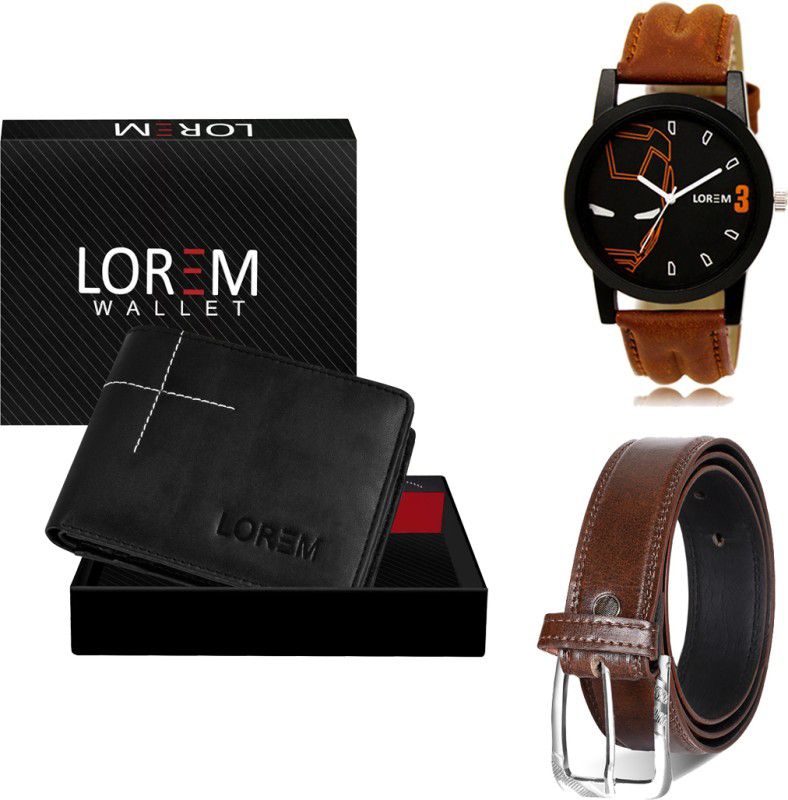 LOREM Belt, Wallet & Watch Combo  (Black, Brown, Orange)