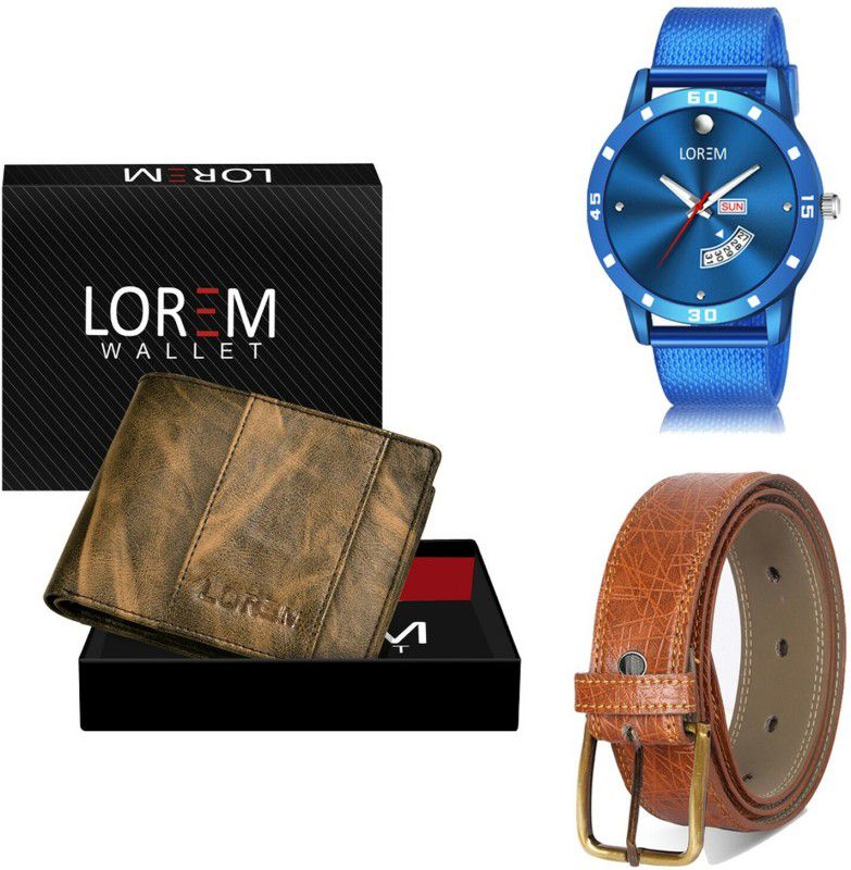 LOREM Belt, Wallet & Watch Combo  (Brown, Tan, Blue)