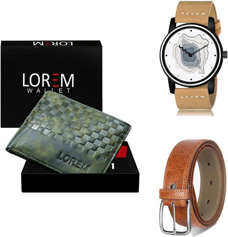 LOREM Belt, Wallet & Watch Combo  (Green, Tan, Beige)