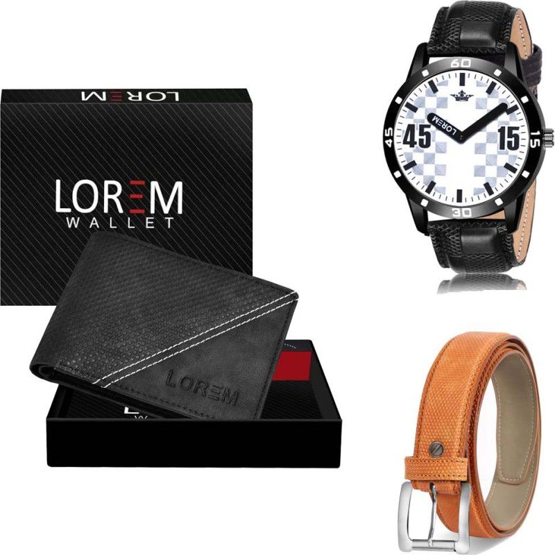 LOREM Belt, Wallet & Watch Combo  (Black, Orange, Black)