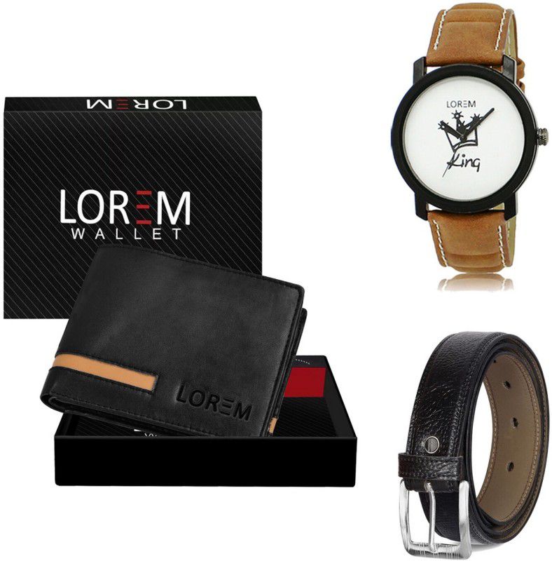 LOREM Belt, Wallet & Watch Combo  (Black, Black, Brown)