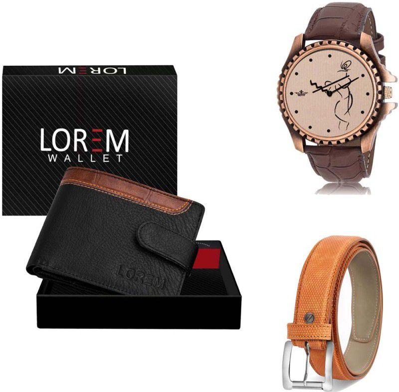LOREM Belt, Wallet & Watch Combo  (Black, Orange, Brown)