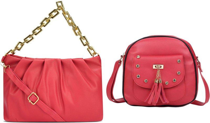 Red, Red Sling Bag HB-99-red-gldn-chain+red-vellori-sider-bag-cmbo  (Pack of 2)