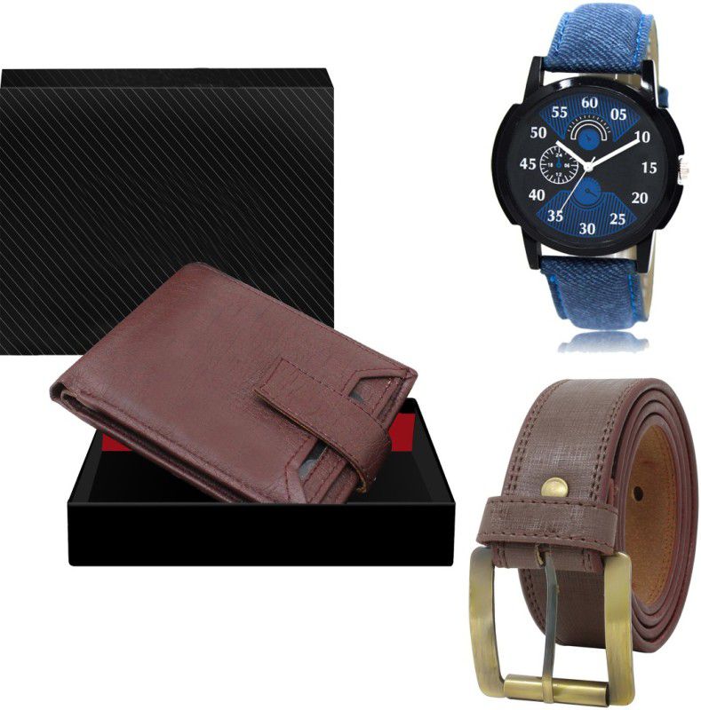 REMIXON Belt, Wallet & Watch Combo  (Maroon, Brown, Blue)