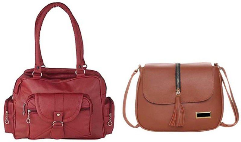 Girls Maroon, Brown Sling Bag - Regular Size  (Pack of: 2)