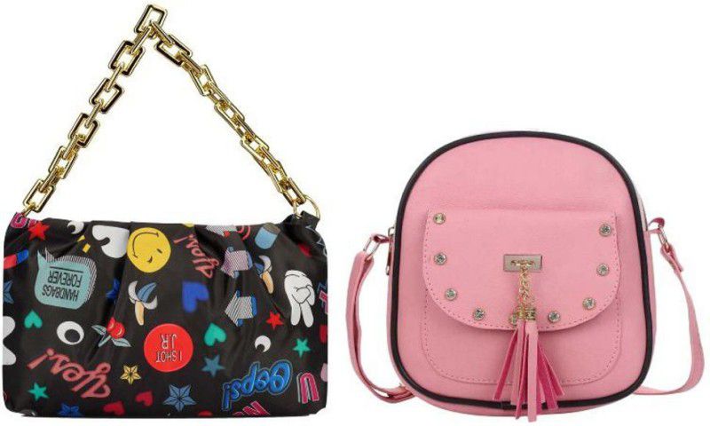 Black, Pink Girls Sling Bag  (Pack of 2)