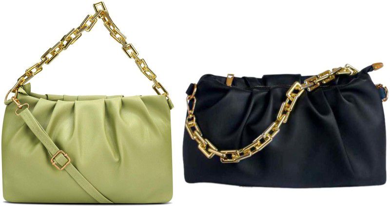 Green, Black Sling Bag HB-96-grn-gldn-chain+blk-simple-chain-sider-bag-cmbo  (Pack of 2)