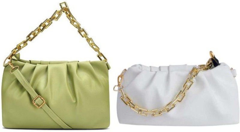 Green, White Sling Bag HB-96-grn-gldn-chain+wht-simple-chain-sider-bag-cmbo  (Pack of 2)