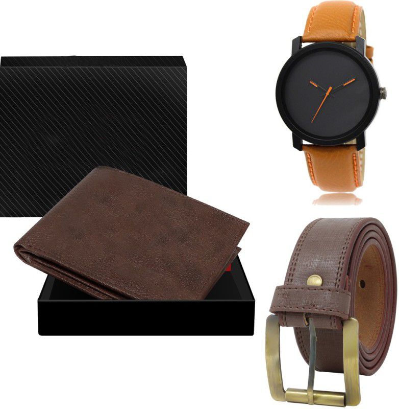 FERRIZZO Belt, Wallet & Watch Combo  (Brown, Brown, Orange)