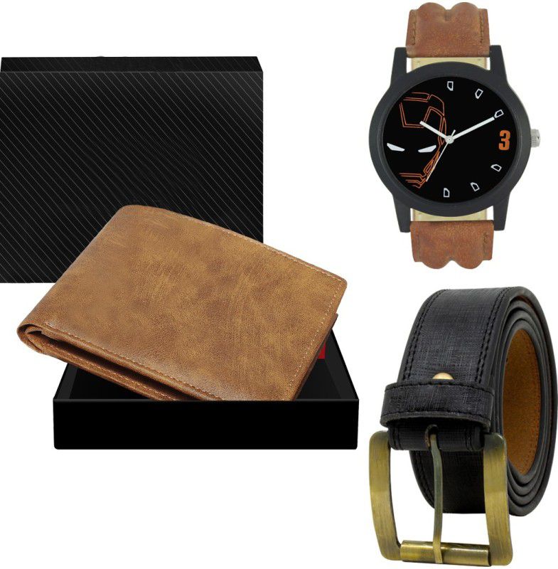 REMIXON Belt, Wallet & Watch Combo  (Beige, Black, Orange)