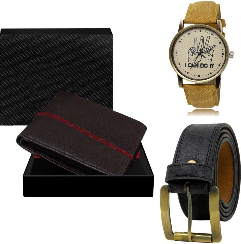 SWIFFIN Belt, Wallet & Watch Combo  (Black, Black, Beige)