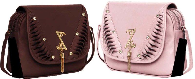 Brown, Pink Girls Sling Bag - Medium  (Pack of 2)