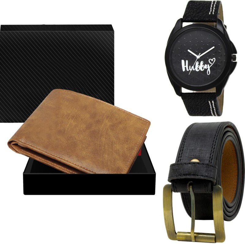 REMIXON Belt, Wallet & Watch Combo  (Beige, Black, Black)