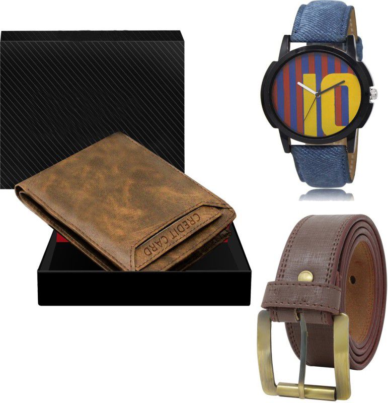 SWIFFIN Belt, Wallet & Watch Combo  (Brown, Brown, Blue)