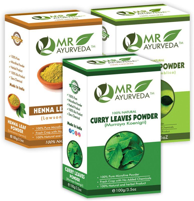 MR Ayurveda 100% Organic Curry Leaves Powder, Henna Powder and Amla Powder - Pack of 3  (300 g)