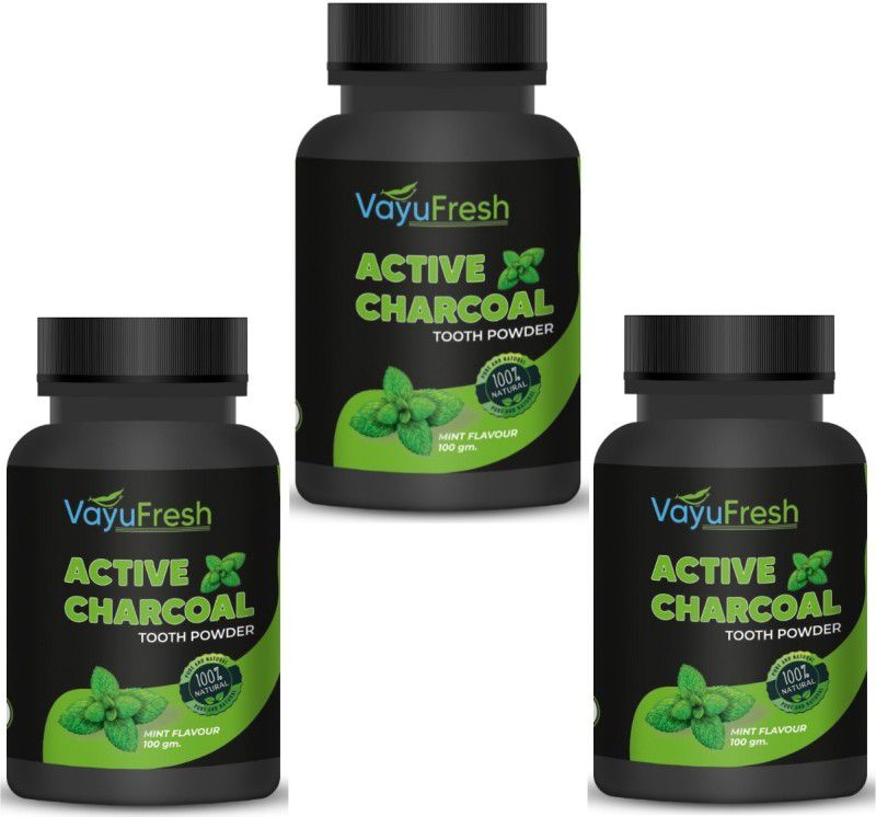VayuFresh Pack Of 3 Active charcoal tooth Powder  (300 g, Pack of 3)