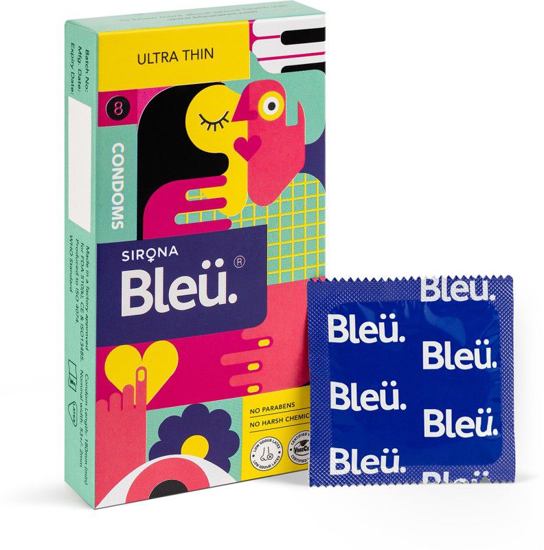 Bleu Super Ultra Thin Condoms for Men | 100% Natural Latex, Vegan & Toxin Free Condom  (8 Sheets)