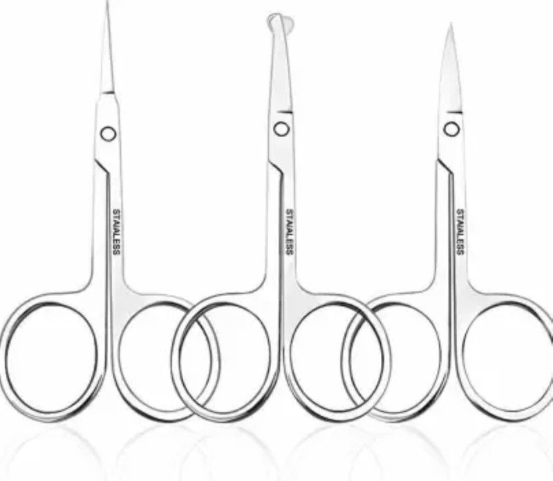 LOWPRICE Nose Hair Scissors 3 Pcs Curved And Rounded Eyebrows Facial Hair Scissors For Men Moustache Scissor Beard Trimming Scissors Safety Use For Eyebrows, Eyelashes, Nose And Ear Hair Scissors Scissors  (Set of 3, Silver)
