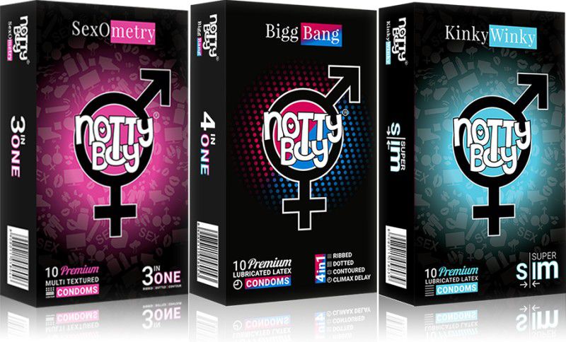 NottyBoy 4in1, 3in1 + EXTRA THIN Combo Pack, 30 pieces Condom  (Set of 3, 30 Sheets)