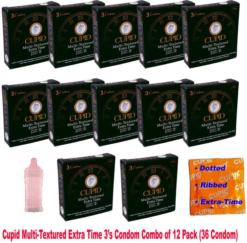 CUPID Premium 4 in 1 Multi-Textured Dotted Ribbed Extra-Time Climax-Control 3's Combo Condom  (Set of 12, 36 Sheets)