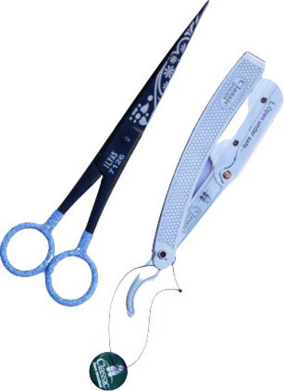 City Enterprises Flower print Retti Scissor With Stainless Steal Straight Edge Razor For Salon Barber Home use Scissors  (Set of 1, Black, Light Blue)