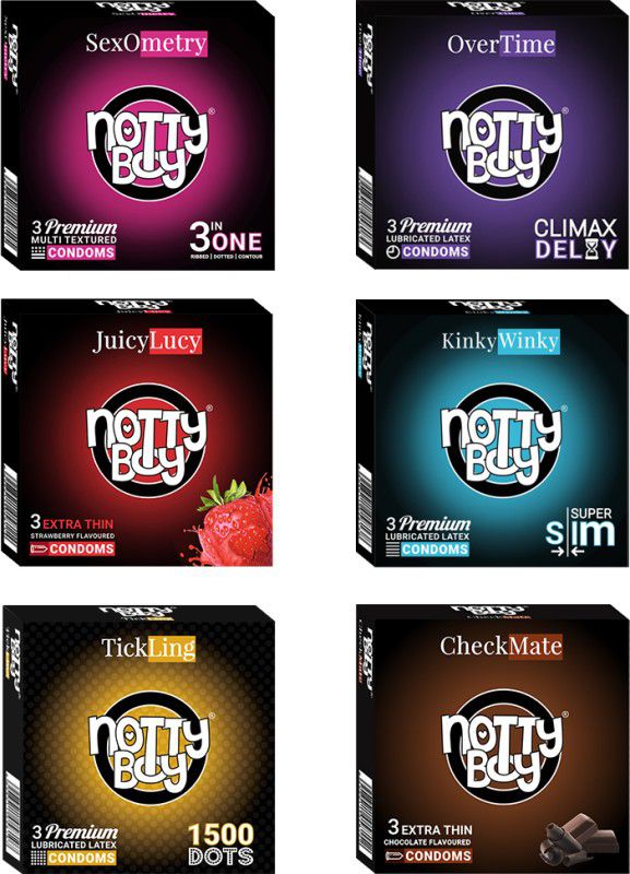 NottyBoy Honeymoon All in Pack - Climax Delay, Extra Dots, Extra Lube, Ribbed Condom  (Set of 6, 18 Sheets)