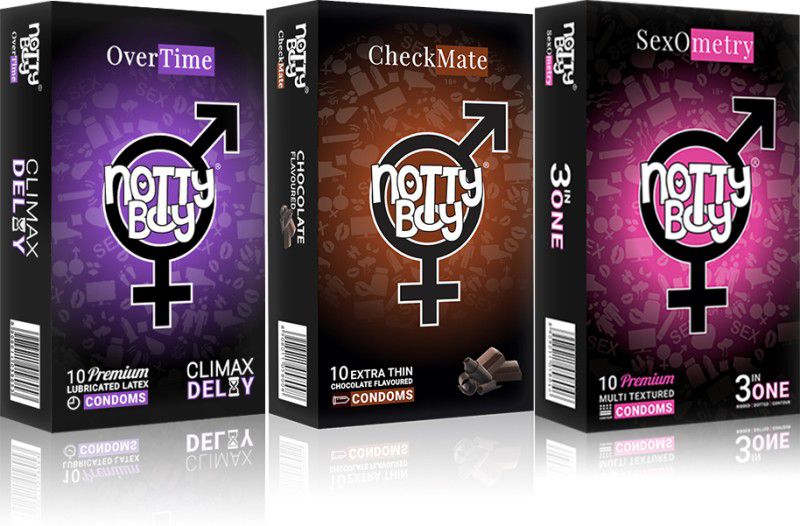 NottyBoy Ribbed Dotted, Chocolate Flavour and Extra Time Condom  (Set of 3, 30 Sheets)