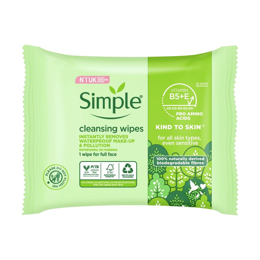 25 Pack Simple Kind to Skin Biodegradable Cleansing Wipes - Vitamin B5, Vitamin E and Pro Amino Acids