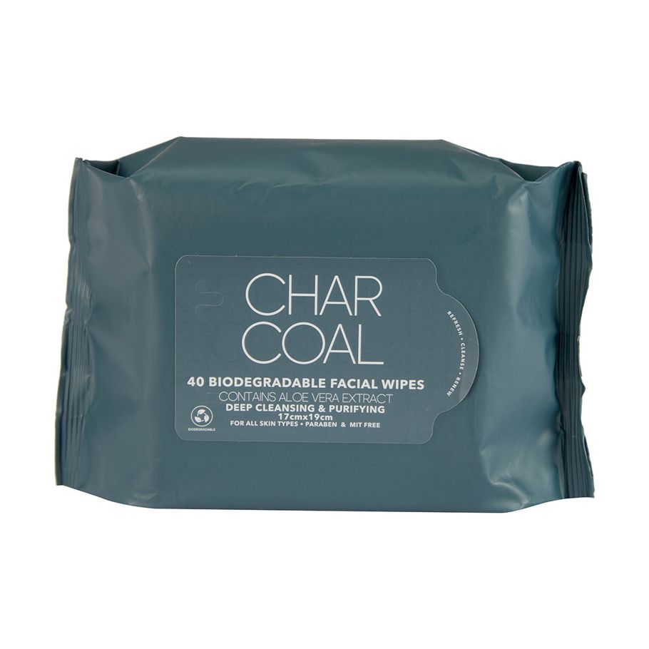 40 Pack Deep Cleansing & Purifying Biodegradable Facial Wipes - Charcoal