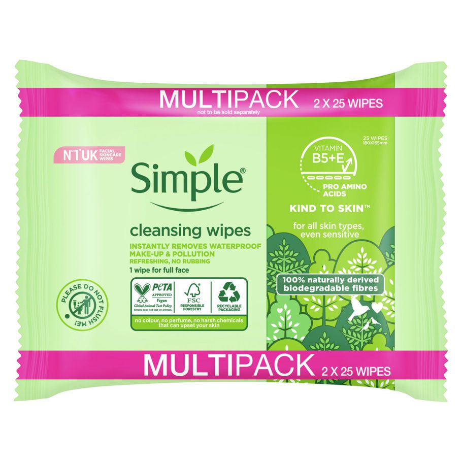 50 Pack Simple Kind to Skin Biodegradable Cleansing Wipes - Vitamin B5, Vitamin E and Pro Amino Acids