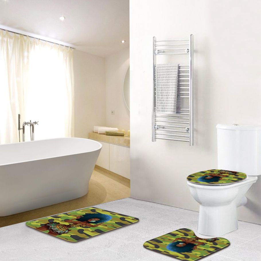 African Girl Bathroom Shower Curtain Pedestal Rug Lid Toilet Cover Bath Mat Set/Shower Curtain/Full Set