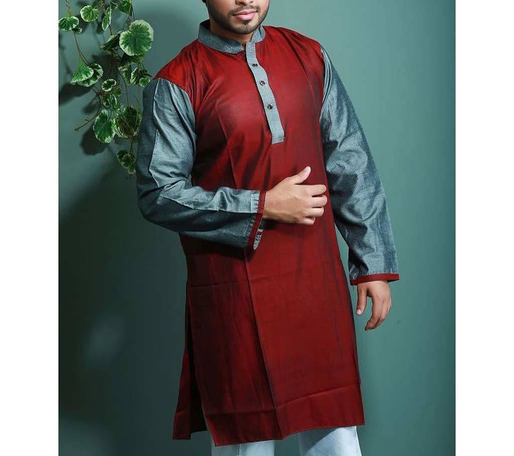 Cotton Design Panjabi  Maroon With Ash Neck and Hand Design  101363