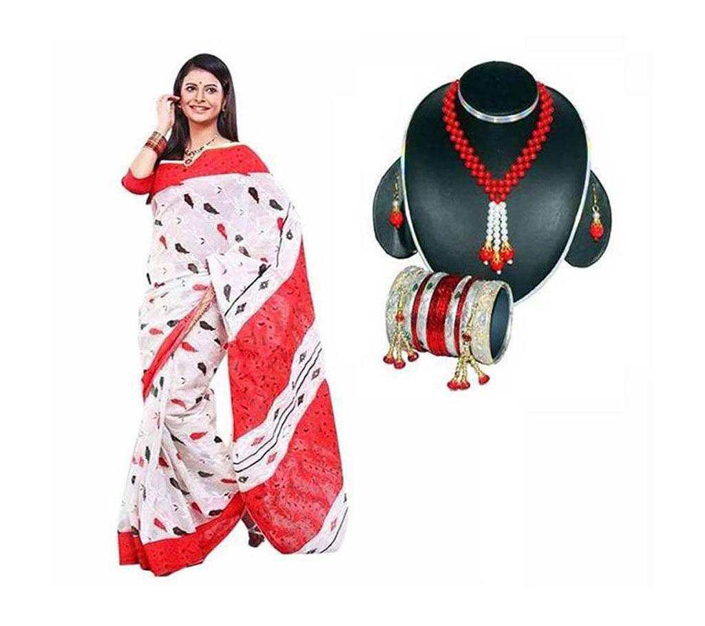 Boishakhi Cotton Saree necklace set combo