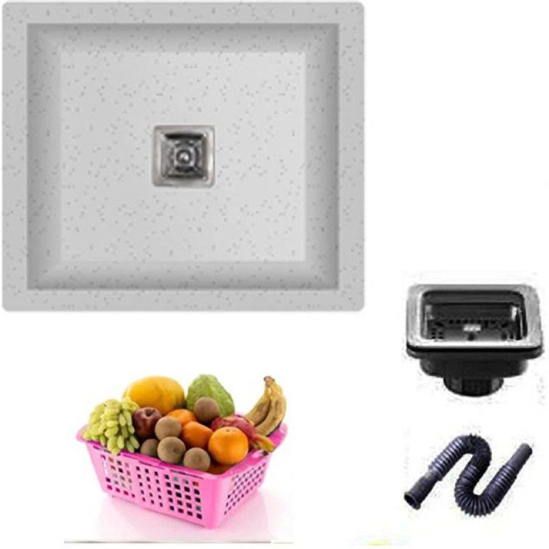 kitchmake 16 X 18 x 8.5 Granite Finish/ Quartz Kitchen Sink With ADJSTABLE Basket Under Counter Basin  (Cerra Dotted, Pink)