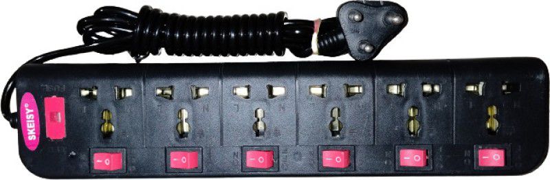Skeisy SK EXTENSION CORD 6 SOCKET AND 6 SWITCH POWER UP 6AMP AND 3 MTR WIRE 6 Socket Extension Boards  (Black, 3 m)